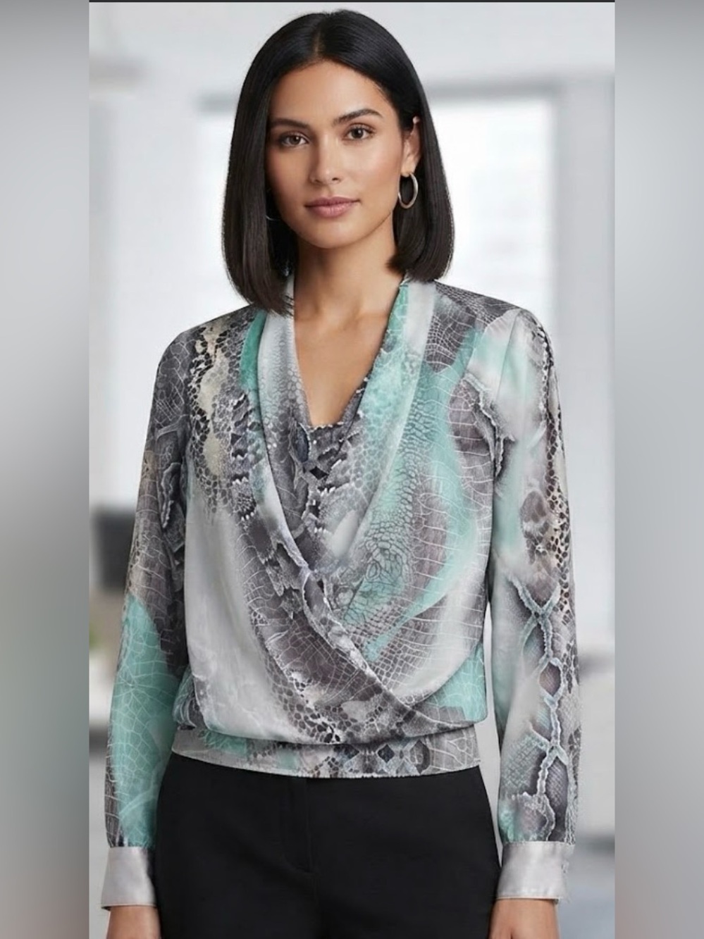 Alfani Cowl Neck Snakeskin & Teal Blouse Size
